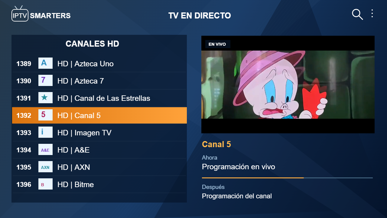 Canal 5 seleccionado con su vista previa en TV en directo